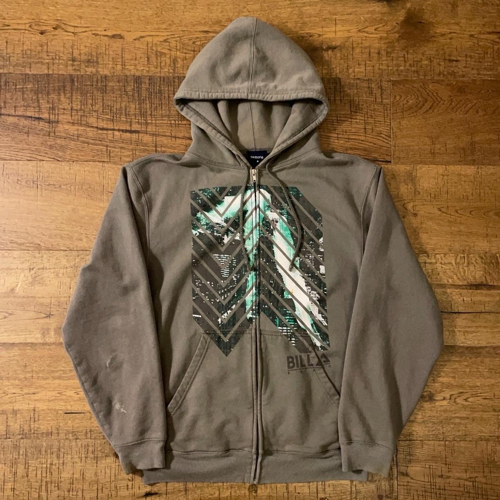 Billabong Zip Up Hoodie Mens Size M Grey Skater Grunge Y2K Graphic Sweatshirt